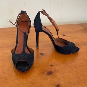 Club Monaco Navy, Suede, peep toe heels. 8.
